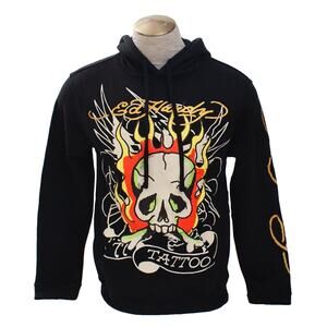 Ed Hardy Men's Black Skull Graphic Hoodie Hooded Sweatshirt Fleece Sz L